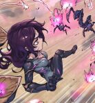  1girl black_bodysuit bodysuit breasts cleavage creature detached_wings explosion facial_mark glowing grey_bodysuit kai&#039;sa large_breasts league_of_legends long_hair motion_lines phantom_ix_row pink_eyes purple_hair shiny shiny_hair speed_lines voidling wings 