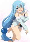  1girl alcohol aqua_(konosuba) bangs bare_legs bare_shoulders barefoot blue_eyes blue_hair blush bottle breasts cleavage detached_sleeves grey_background hair_ornament holding kono_subarashii_sekai_ni_shukufuku_wo! large_breasts long_hair no_panties open_mouth saliva salpin shiny shiny_hair simple_background smile solo 