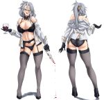  1girl back bangs barefoot black_bra blood bra breasts celenike_icecolle_yggdmillennia cleavage cup drinking_glass fate/apocrypha fate_(series) glass glasses green_eyes grey_hair grey_thighhighs hair_between_eyes hairband highres holding holding_cup holding_weapon kinntarou knife large_breasts long_hair looking_at_viewer looking_back open_mouth ponytail smile solo standing thighhighs tongue tongue_out underboob underwear weapon wine_glass 