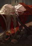  1girl bare_shoulders blonde_hair breasts cleavage closed_eyes elden_ring fia_the_deathbed_companion hair_ornament highres large_breasts long_hair lying on_back outstretched_arm satsuya skull 