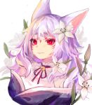  1girl animal_ears bangs bell black_kimono black_ribbon facial_mark flower forehead_mark fox_ears fox_girl grey_hair japanese_clothes kimono long_hair looking_at_viewer mole mole_under_eye neck_bell neck_ribbon necryonics nijisanji nijisanji_en nina_kosaka off_shoulder red_eyes red_ribbon ribbon smile solo virtual_youtuber white_flower 