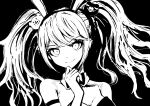  1girl absurdres animal_ears bangs bear_hair_ornament black_background breasts collarbone danganronpa:_trigger_happy_havoc danganronpa_(series) detached_collar enoshima_junko fake_animal_ears greyscale hair_ornament hand_on_own_chin hand_up highres kyua_moto long_hair medium_breasts monochrome official_alternate_costume playboy_bunny rabbit_ears skindentation smile solo twintails 