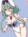  1girl alternate_hairstyle animal_ears artist_logo bangs bicute_bunnies_miku bicute_bunnies_miku_(cosplay) black_necktie breasts bunny_day cinnamiku cleavage color_connection commentary_request cosplay cowboy_shot dated detached_collar green_eyes green_hair hair_between_eyes hair_color_connection hatsune_miku kanon_(kurogane_knights) kantai_collection large_breasts leotard long_hair looking_at_viewer necktie one-hour_drawing_challenge parted_bangs playboy_bunny rabbit_ears scrunchie sidelocks solo vocaloid white_leotard yamakaze_(kancolle) 