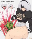  1girl 2boys black_blindfold black_gloves black_hairband black_shirt blindfold blood blush breasts chibi clothing_cutout commentary crab crushing english_commentary food fruit gloves hairband highres juliet_sleeves large_breasts leotard lips long_sleeves metal_gear_(series) metal_gear_rising:_revengeance mole mole_under_mouth multiple_boys nier_(series) nier_automata nosebleed puffy_sleeves raiden_(metal_gear) shirt short_hair simple_background solo_focus suikawari sweat thick_thighs thighs toned underboob_cutout watermelon white_background white_hair white_leotard yoracrab yorha_no._2_type_b yorha_no._9_type_s 
