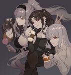  4girls :q absurdres bangs bare_shoulders black_choker black_gloves black_hair black_hairband black_nails black_pants black_shirt breasts brown_hair candy choker commission crescent crescent_earrings cup disposable_cup drinking_glass drinking_straw earrings food gloves grey_background grey_hair grey_shirt hairband highres holding holding_cup holding_food jewelry kirr_rr large_breasts lollipop long_hair looking_at_viewer multiple_girls nail_polish off-shoulder_shirt off_shoulder one_eye_closed original pants pink_eyes pink_lips ponytail purple_eyes ring second-party_source shirt short_hair sidelocks simple_background smile spiked_choker spikes swirl_lollipop tongue tongue_out twintails v yellow_eyes 