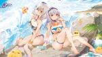  2girls absurdres akizero1510 azur_lane bare_legs barefoot bikini bottle bottle_to_cheek breasts dido_(azur_lane) flower flower_necklace grey_hair highres holding holding_bottle large_breasts long_hair manjuu_(azur_lane) medium_hair multiple_girls purple_eyes red_eyes sirius_(azur_lane) swimsuit white_bikini 