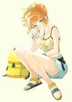  1girl backpack bag breasts camisole cup disposable_cup earrings green_eyes jewelry looking_at_viewer medium_breasts midriff miyabi_akino orange_hair original sandals short_hair short_ponytail shorts smile solo squatting 