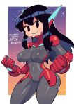  1girl absurdres asta_rindo black_eyes black_hair bodysuit breasts cameltoe clenched_hand closed_mouth covered_navel grey_bodysuit highres large_breasts long_hair looking_at_viewer original rariatto_(ganguri) robot_ears smile solo standing 
