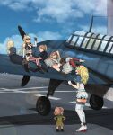  6+girls aircraft airplane annin_musou black_footwear black_gloves black_jacket black_pantyhose black_shirt black_skirt blonde_hair blue_eyes blue_shirt blush bomber_jacket boots breasts brown_hair cleavage closed_eyes closed_mouth cloud cloudy_sky day dress fairy_(kancolle) fingerless_gloves front-tie_top gambier_bay_(kancolle) gloves grey_skirt hair_between_eyes highres hornet_(kancolle) intrepid_(kancolle) iowa_(kancolle) jacket kantai_collection large_breasts long_hair long_sleeves lying multiple_girls on_side open_mouth pantyhose pencil_skirt ponytail red_thighhighs saratoga_(kancolle) shirt short_sleeves shorts side_ponytail sitting skirt sky smile standing sunglasses thighhighs twitter_username white_dress white_gloves white_shorts white_thighhighs 
