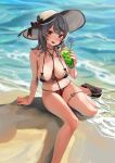 1girl :d absurdres beach bikini black_bikini black_choker blush bow braid breasts choker cream cup day drinking_glass drinking_straw fang foot_out_of_frame grey_hair hair_ornament hairclip hat hat_bow heart highres holding holding_cup hololive large_breasts looking_at_viewer micro_bikini mismatched_bikini nail_polish navel open_mouth outdoors red_bikini red_eyes red_nails sakamata_chloe sand sandals single_braid sitting smile solo stomach sun_hat swimsuit thigh_strap thighs toenail_polish toenails urokong virtual_youtuber water wet wet_hair x_hair_ornament 
