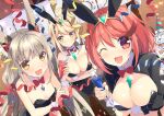  3girls animal_ears breasts chest_jewel cleavage detached_collar fake_animal_ears highres large_breasts leotard multiple_girls mythra_(xenoblade) nia_(blade)_(xenoblade) nia_(xenoblade) one_eye_closed playboy_bunny pyra_(xenoblade) rabbit_ears red_eyes strapless strapless_leotard watsuki_ayamo xenoblade_chronicles_(series) xenoblade_chronicles_2 yellow_eyes 