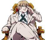  1boy adjusting_eyewear blonde_hair blue_eyes chair collared_shirt crossed_legs danganronpa_(series) danganronpa_2:_goodbye_despair fat fat_man formal glasses imoni_(1110) looking_at_viewer male_focus necktie obese semi-rimless_eyewear shirt simple_background sitting suit throne togami_byakuya_(danganronpa_2) under-rim_eyewear v-shaped_eyebrows white_background white_shirt white_suit 