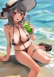  1girl absurdres beach between_breasts bikini breasts cleavage drink drinking_straw grey_hair hat highres hololive large_breasts looking_at_viewer red_bikini red_eyes sakamata_chloe sitting smile solo sun_hat swimsuit thigh_strap thighs urokong water 