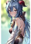 1girl absurdres bangs bare_shoulders bell blue_hair blurry blurry_background blush breasts crossed_bangs detached_sleeves from_side ganyu_(genshin_impact) genshin_impact goat_horns highres horns kabi_(zcwd8845) large_breasts long_hair long_sleeves looking_at_viewer looking_to_the_side parted_lips purple_eyes sidelocks solo upper_body 