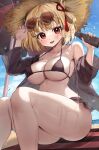  1girl :d absurdres beach beach_towel beach_umbrella bikini blonde_hair blue_sky blush bottle breasts brown_bikini brown_shirt cloud day eyewear_on_head feet_out_of_frame hair_ribbon hand_on_eyewear hat highres holding holding_bottle large_breasts lotion_bottle lycoris_recoil micro_bikini nishikigi_chisato off_shoulder oil one_side_up open_mouth outdoors red_eyes red_ribbon ribbon shirt sitting sky smile solo spilling strap_gap straw_hat sunglasses swimsuit thighs towel umbrella water_drop wet yuk_(pakyaru) 