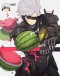  2boys black_blindfold blindfold chibi commentary crab cutting cyborg english_commentary food fruit highres holding holding_sword holding_weapon male_focus metal_gear_(series) metal_gear_rising:_revengeance multiple_boys nier_(series) nier_automata one_eye_covered raiden_(metal_gear) red_eyes short_hair solo_focus suikawari sword watermelon weapon white_hair yoracrab yorha_no._9_type_s 
