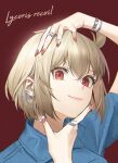  1girl bangs blonde_hair blue_shirt bracelet closed_mouth collared_shirt copyright_name ear_piercing fingernails hand_on_own_face hand_on_own_head highres jewelry lips long_fingernails looking_at_viewer lycoris_recoil multiple_rings nail_polish nishikigi_chisato one_side_up piercing red_background red_eyes red_nails ring shirt short_hair short_sleeves simple_background smile solo upper_body yaxiya 