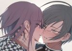  2boys bangs blush brown_eyes checkered_clothes checkered_scarf danganronpa_(series) danganronpa_v3:_killing_harmony eye_contact hand_up highres imminent_kiss looking_at_another male_focus medium_hair mokemokeeeee multiple_boys ouma_kokichi parted_lips portrait purple_eyes saihara_shuuichi scarf short_hair simple_background teeth two-tone_scarf white_background yaoi 