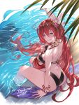  absurdres ayacho bikini black_bikini blue_eyes feather_hair_ornament feathers godsworn_alexiel granblue_fantasy hair_between_eyes hair_ornament highres layered_bikini long_hair looking_at_viewer red_hair smile solo swimsuit very_long_hair white_bikini 