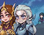  1boy 2girls :d aphelios armor bangs black_bodysuit blush bodysuit brown_eyes brown_hair bush clenched_teeth diana_(league_of_legends) facial_mark gold_armor grey_hair holding_hands league_of_legends leona_(league_of_legends) long_hair multiple_girls night open_mouth outdoors phantom_ix_row shiny shiny_hair short_hair shoulder_armor smile sweatdrop teeth 