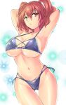 1girl armpits arms_behind_head bikini blue_bikini breasts cleavage commentary_request cowboy_shot groin hair_bobbles hair_ornament highres large_breasts looking_to_the_side multi-strapped_bikini navel onozuka_komachi parted_lips red_eyes red_hair side-tie_bikini simple_background solo sparkle_background swimsuit touhou twintails underboob white_background y2 