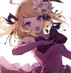  1girl ahoge akamatsu_kaede alternate_costume bangs bare_shoulders black_bow bow broken_mask cowboy_shot danganronpa_(series) danganronpa_v3:_killing_harmony dress elbow_gloves flower gloves grey_background hair_flower hair_ornament large_bow long_hair mask open_mouth pink_dress pink_eyes pink_gloves shiny shiny_hair simple_background solo teeth upper_teeth yuui1994 