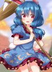  1girl animal_ears blue_dress blue_hair blush crescent_print dress earclip feet_out_of_frame frilled_dress frilled_sleeves frills highres holding kine long_hair looking_at_viewer mallet open_mouth puffy_short_sleeves puffy_sleeves rabbit_ears red_eyes ruu_(tksymkw) seiran_(touhou) short_sleeves smile solo star_(symbol) star_print touhou 