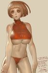  alien1452 bikini bob_cut breasts brown_hair cleavage copyright_request highres korean large_breasts short_hair solo swimsuit tankini thong_bikini tight translated underboob 