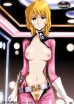  absurdres belt blonde_hair bodysuit breasts brown_eyes censored gloves gun highres holster kei_yuki loose_belt medium_breasts navel nipples nostalgic_heroines oldschool open_clothes pink_bodysuit pointless_censoring pubic_hair pussy skull skull_and_crossbones solo uchuu_kaizoku_captain_harlock uniform urushihara_satoshi weapon 