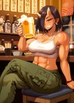  1girl abs alcohol beer beer_mug blush breasts cargo_pants cleavage commentary_request crop_top drunk earrings elf-san_wa_yaserarenai. grin hair_over_one_eye izakaya jewelry large_breasts legs_crossed midriff muscle muscular_female navel oga-san oni oni_horns pants pointy_ears red_eyes short_hair sitting smile solo spaghetti_strap taut_clothes tony_(chikaku_kabin) 