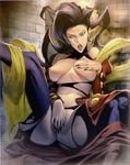  breasts covering covering_crotch fingernails hagoromo homare_(fool's_art) large_breasts long_fingernails nail_polish open_mouth pubic_hair purple_hair purple_nails rose_(street_fighter) shawl solo street_fighter tongue torn_clothes 