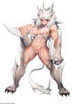  1girl abs animal_ears bikini blush breasts cat_ears claws clenched_hand commentary english_commentary fewer_digits full_body fur gao_(gaolukchup) hand_on_hip highres large_breasts long_hair monster_girl muscle muscular_female navel nipples original paws pussy red_eyes silver_hair solo standing swimsuit tail thick_thighs thighs torn_bikini unaligned_breasts uncensored white_background white_bikini 