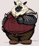  anthro belly big_belly bovid caprine clothed clothing double_chin grey_background hooved_fingers kikatsu male mammal moobs necktie obese obese_male overweight overweight_male sheep simple_background smile solo standing sweater_vest thick_thighs thumbs_up wide_hips wool 