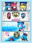  3girls artist_request attack blonde_hair blue_eyes blue_hair comic dark_skin defeated disembodied_limb dress electricity facial_mark failure flamberge_(kirby) flying francisca_(kirby) hat highres kirby kirby:_star_allies kirby_(series) long_hair multiple_girls nintendo red_hair short_hair sweatdrop translation_request trembling water water_gun weapon zan_partizanne 