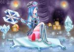  1girl axe blue_eyes blue_hair boots breasts defeated dress expressionless facial_mark francisca_(kirby) hair_over_one_eye hat highres ice kirby kirby:_star_allies kirby_(series) long_hair neokeiji nintendo personification shiny shiny_hair sitting sitting_on_person very_long_hair waddle_dee waddle_doo weapon 