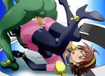  1girl argo_gulskii ass ass_grab blue_eyes blush bodysuit breasts brown_hair censored choker cum cum_in_pussy earrings g_gundam gloves gundam hairband hetero high_heels highres jewelry konkitto large_breasts legs legs_up lying mobile_trace_suit on_back open_mouth penis pink_bodysuit pubic_hair rain_mikamura sex shoes short_hair tears thighhighs thighs torn_clothes vaginal 