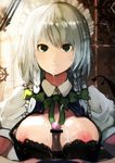  bad_id bad_pixiv_id bow bra braid breasts censored cum facial grey_hair hair_bow hairband izayoi_sakuya large_breasts lingerie maid maid_headdress nauribon paizuri paizuri_under_clothes penis pov short_hair silver_hair solo_focus sweat touhou twin_braids underwear 