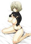  aoki_yuriko bakuman barefoot black_panties blush breasts breath brown_eyes cum cum_on_body cum_on_breasts cum_on_lower_body cum_on_upper_body green_hair joy_ride large_breasts midriff mole navel nipples no_bra panties puffy_nipples shirt_lift short_hair simple_background sitting solo underwear wariza white_background 