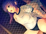  asagiri_luna bangs buruma chain-link_fence coffee-kizoku cum cum_in_pussy dutch_angle eyebrows_visible_through_hair fence game_cg girl_on_top gym_uniform marble_bloomers non-web_source open_mouth outdoors purple_hair reverse_cowgirl_position sex solo_focus straddling sweat vaginal 