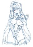  android breasts elbow_gloves gloves hijiri kos-mos large_breasts long_hair monochrome nipples red_eyes sketch solo spot_color thighhighs undressing xenosaga xenosaga_episode_i 