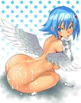  angel angel_wings arched_back ass back blue_eyes blue_hair blush breasts cum cum_on_ass cum_on_body cum_on_lower_body elbow_gloves from_above gloves large_breasts looking_back nakamura_yukitoshi nanael nude queen's_blade short_hair sideboob sitting solo sweat wings 