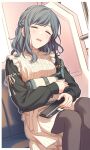  1girl aran_sweater black_shirt cellphone closed_eyes commission drooling grey_hair grey_pantyhose holding holding_phone medium_hair mouth_drool open_mouth original pantyhose phone sekina shirt skeb_commission sleeping sleeping_upright smartphone solo sweater 