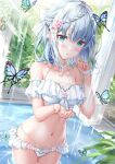  1girl aqua_eyes bangs bare_shoulders blush braid bug butterfly collarbone commentary_request flower frilled_swimsuit frills hair_flower hair_ornament highres kyariko looking_at_viewer medium_hair original partial_commentary pool revision slit_pupils solo standing standing_on_liquid sunlight swimsuit water white_swimsuit 