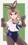  1girl :3 absurdres alternate_costume animal_ears blue_leotard blue_neckerchief blush brown_eyes brown_gloves brown_hair brown_pantyhose bunny_day cowboy_shot elbow_gloves gloves highres japanese_hare_(kemono_friends) kemono_friends leotard light_brown_hair multicolored_hair neckerchief pantyhose rabbit_ears rabbit_girl rabbit_tail sailor_collar shirt short_hair short_sleeves sidelocks solo tail toriny white_hair white_shirt 