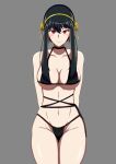  1girl arms_behind_back bikini black_bikini black_choker black_hair breasts choker closed_mouth earrings flower gold_earrings gold_hairband grey_background groin hair_flower hair_ornament highres jewelry large_breasts navel red_eyes red_lips rose sidelocks simple_background smile solo spikes spy_x_family stomach sungose swimsuit thighs yor_briar 