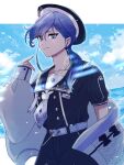  1boy anchor_symbol bird black_headwear black_shirt black_shorts blue_hair blue_sky braid braided_bangs buttons cloud cowboy_shot double-breasted earrings gummy_bear hair_over_shoulder hat highres holostars jacket jewelry lapel_pin letterboxed long_hair looking_at_viewer low_ponytail male_focus minase_rio multicolored_hair name_tag neckerchief necklace ocean off_shoulder official_alternate_costume outside_border pointing pointing_at_self purple_belt purple_eyes purple_hair sailor_collar sailor_hat sailor_shirt sasago335 shirt shorts sky sleeves_past_wrists smile solo streaked_hair stud_earrings sweater_jacket virtual_youtuber white_jacket white_neckerchief 