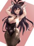  1girl asakura_aoshi black_footwear black_hair black_leotard blush breasts cleavage erune granblue_fantasy high_heels large_breasts leotard long_hair looking_at_viewer nier_(granblue_fantasy) open_mouth pantyhose playboy_bunny red_eyes smile solo standing standing_on_one_leg 