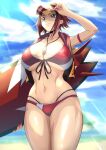  1girl beach between_breasts bikini blue_eyes breasts cloud cloudy_sky code_geass code_geass:_genesic_re;code highres iwao178 jacket jewelry kallen_stadtfeld large_breasts nail_polish navel necklace outdoors red_bikini red_hair red_nails shiny shiny_hair shiny_skin short_hair sky sleeveless sleeveless_jacket smile solo surfboard swimsuit thighs visor_cap 