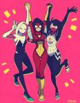  3girls absurdres bodysuit boots breasts cindy_moon closed_eyes commentary covered_navel flats full_body gwen_stacy highres holding_hands hooded_bodysuit jessica_drew looking_at_viewer marvel mask medium_breasts mouth_mask multiple_girls silk_(marvel) smile spider-gwen spider-man_(series) spider-woman standing superhero sushi_pizza_rrr symbol-only_commentary v 