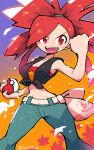  1girl :d absurdres breasts crop_top denim flannery_(pokemon) hair_tie highres holding holding_poke_ball jeans looking_at_viewer open_mouth pants poke_ball poke_ball_(basic) pokemon pokemon_(game) pokemon_oras ponytail rariatto_(ganguri) red_eyes red_hair smile solo standing teeth twitter_username upper_teeth 